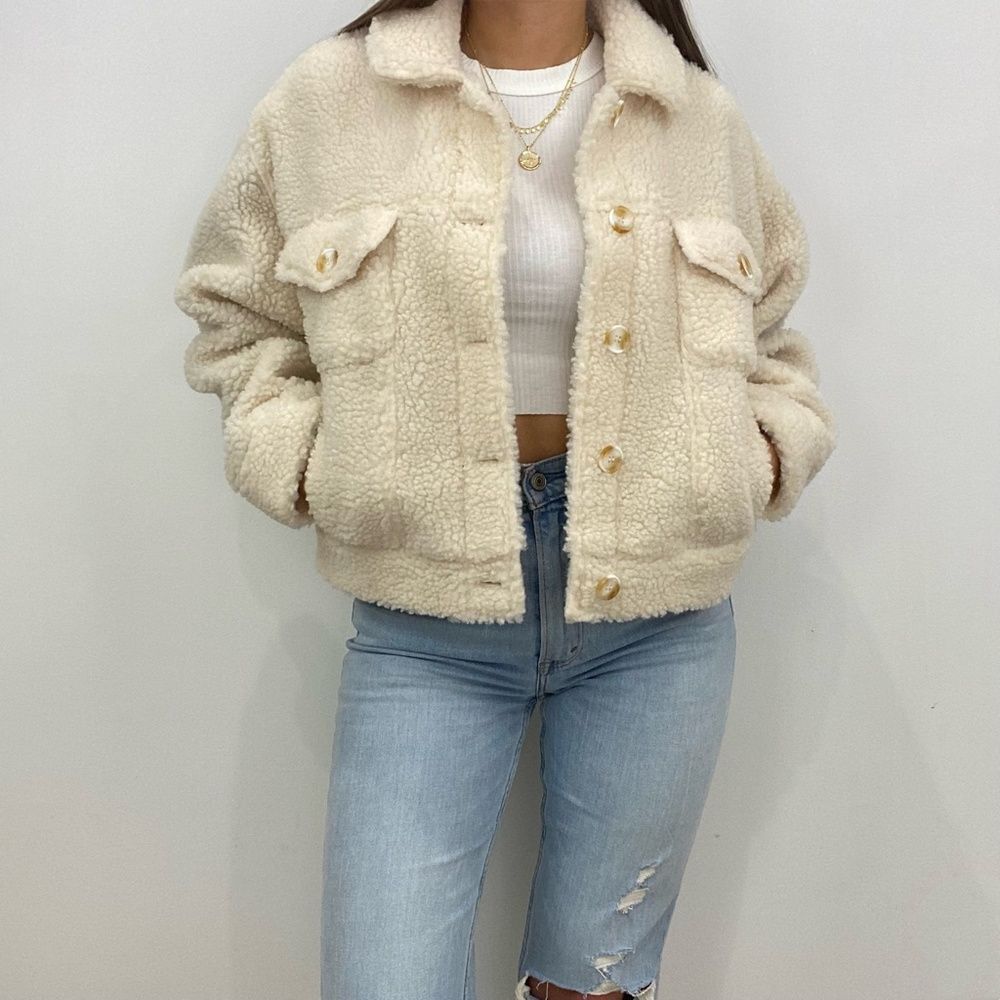 Nwt Cream Button Up Teddy Sherpa Jacket - image 2